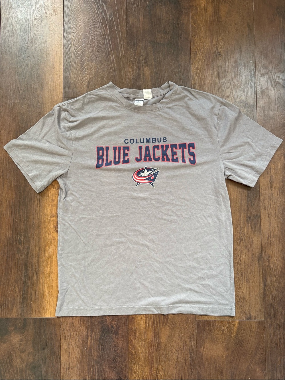 NHL Columbus Blue Jackets Short Sleeve Tee - Gray with Red & Blue Logo